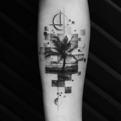 geometric palm tree tattoo on arm