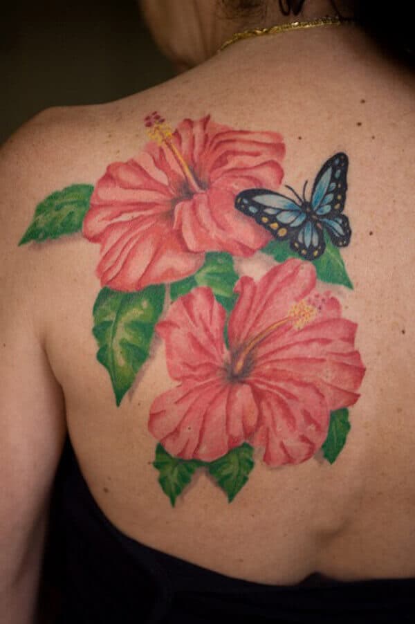 hibiscus back tattoo