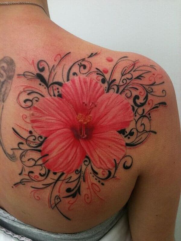 hibiscus back tattoo