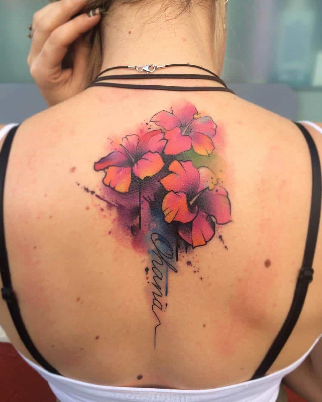 hibiscus back tattoo