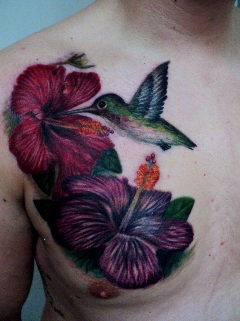 hibiscus chest tattoo