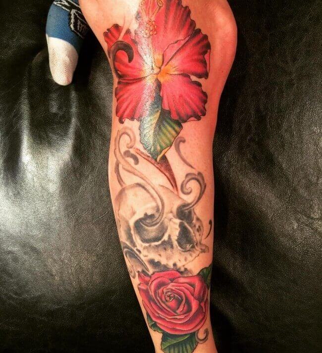 hibiscus leg tattoo