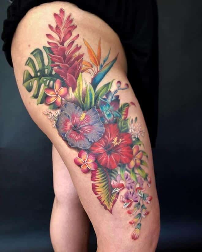 hibiscus leg tattoo