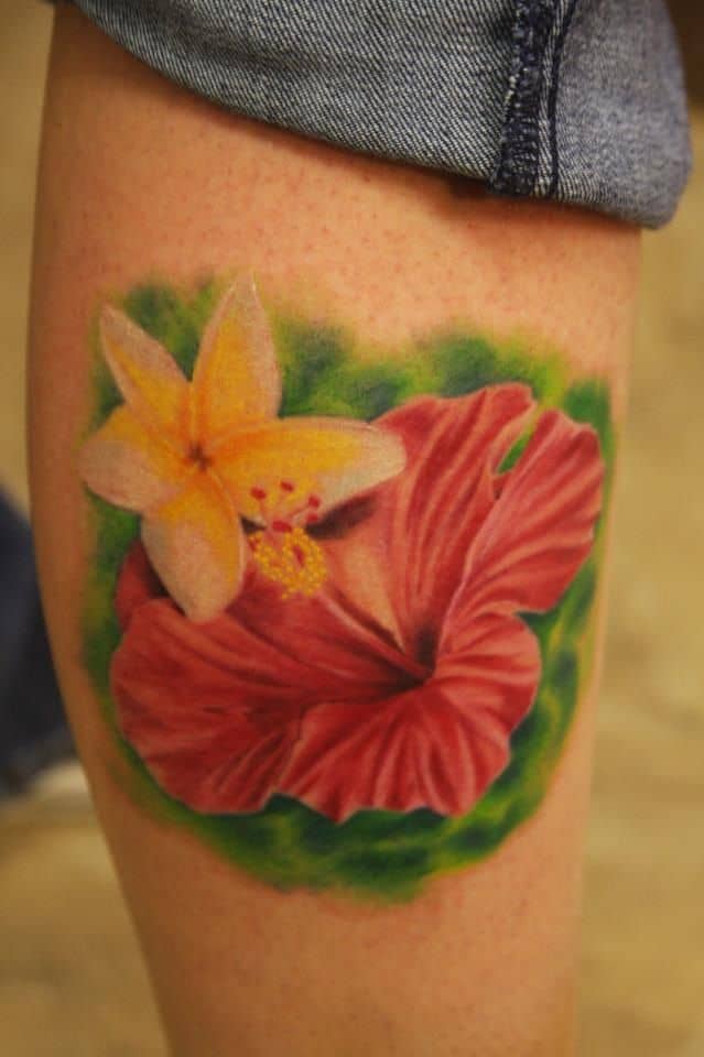 hibiscus leg tattoo