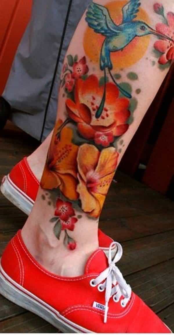 hibiscus leg tattoo