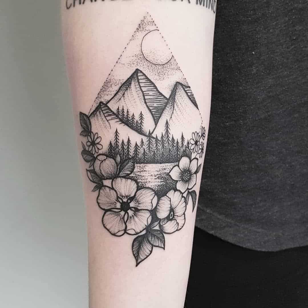 Mountain charcoal drawing Sunrise over the mountains with flowers  Bohemian tattoo design Adventure desi  Bohemian tattoo Sleeve tattoos Flower  tattoo designs