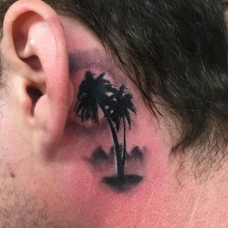 Black And Grey Skull With Tree Tattoo On Man Back Neck