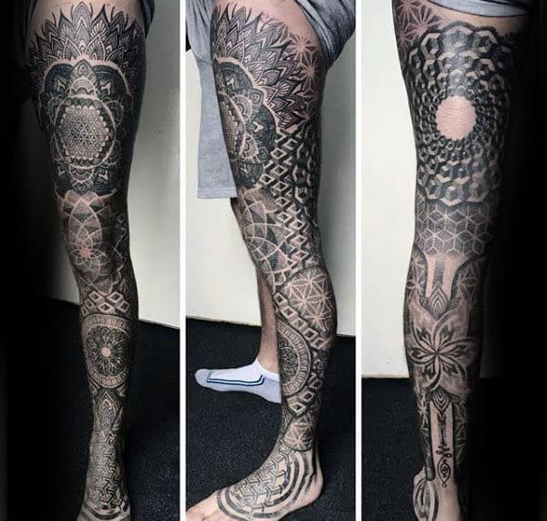 pointillism leg tattoo