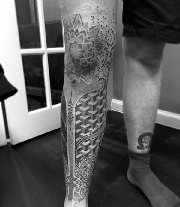 pointillism tattoo on leg