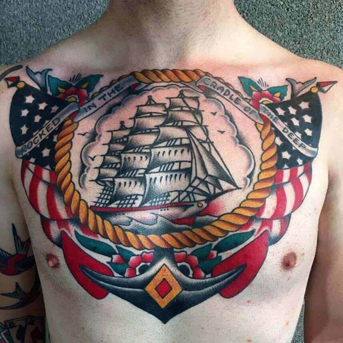 Bad ass pirate ship on my chest Done by Clint Vaught Crescent City Tattoo   Museum EvansvilleIn  rtraditionaltattoos