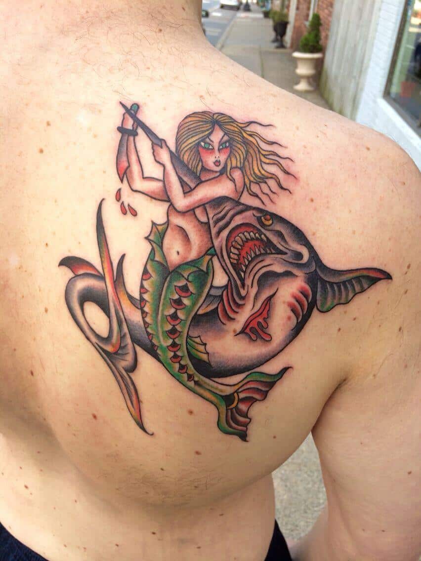 sailor jerry mermaid tattoo on back