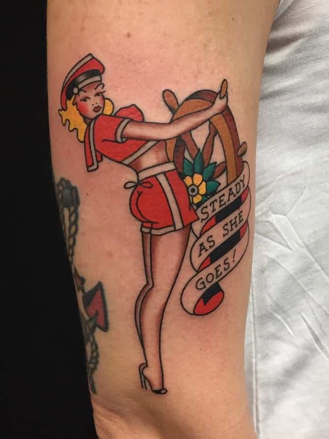 sailor jerry pinup tattoo on arm