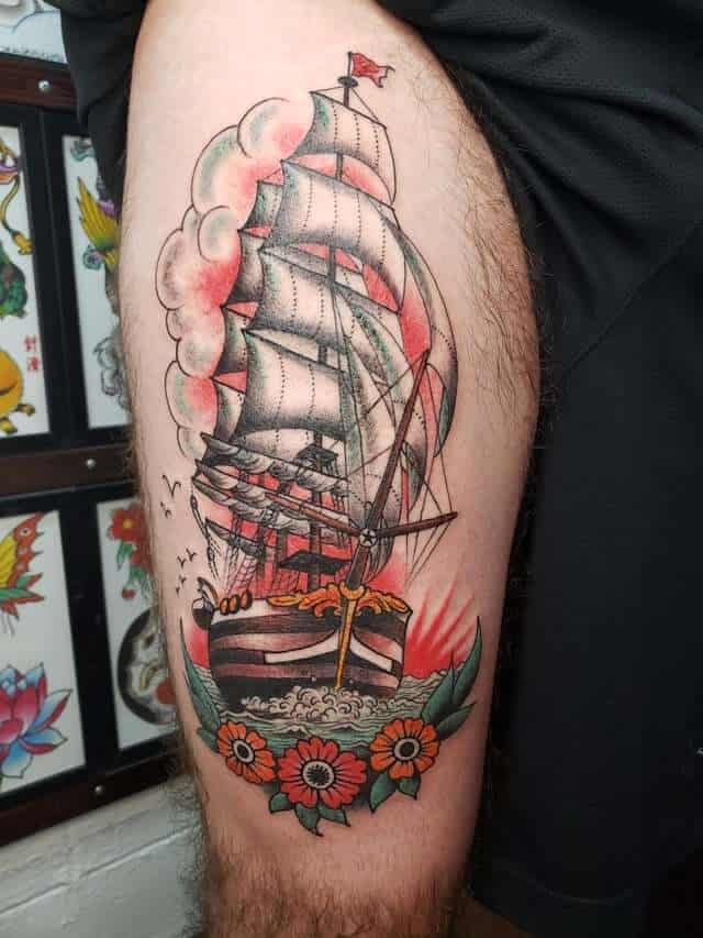 sailor jerry ship tattoo on arm