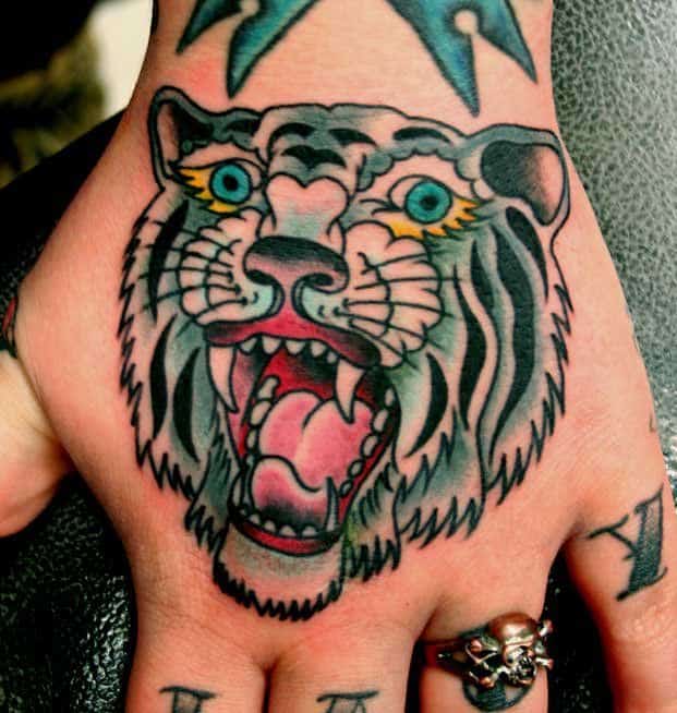 sailor jerry tiger tattoo on hand