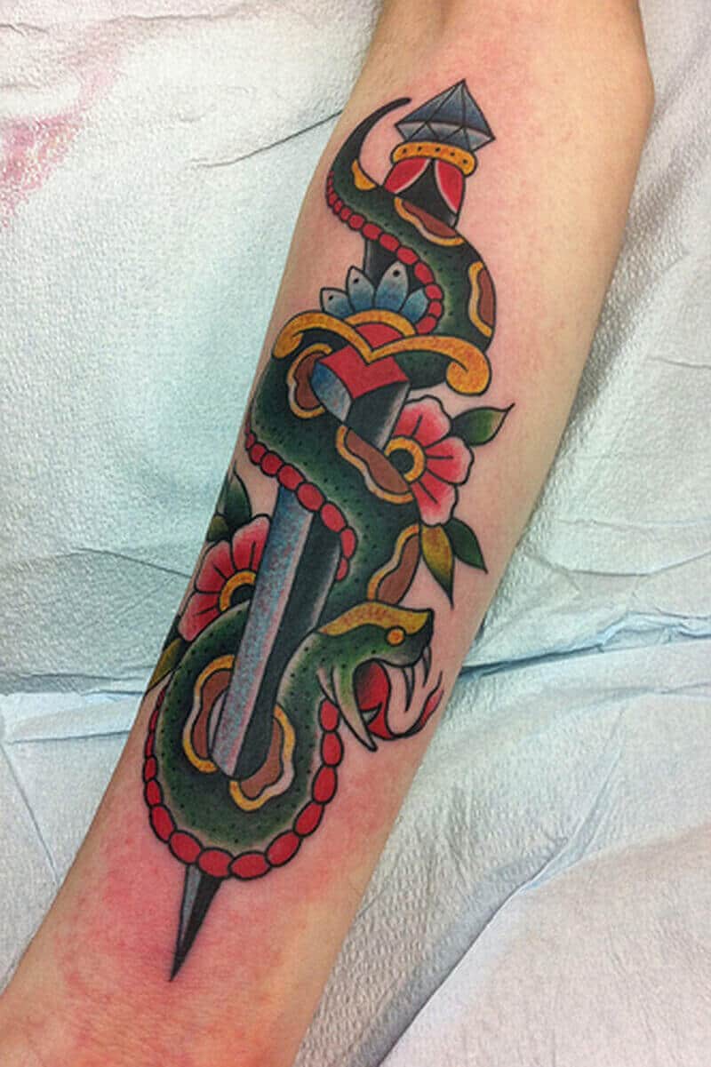 snake and dagger tattoo on arm