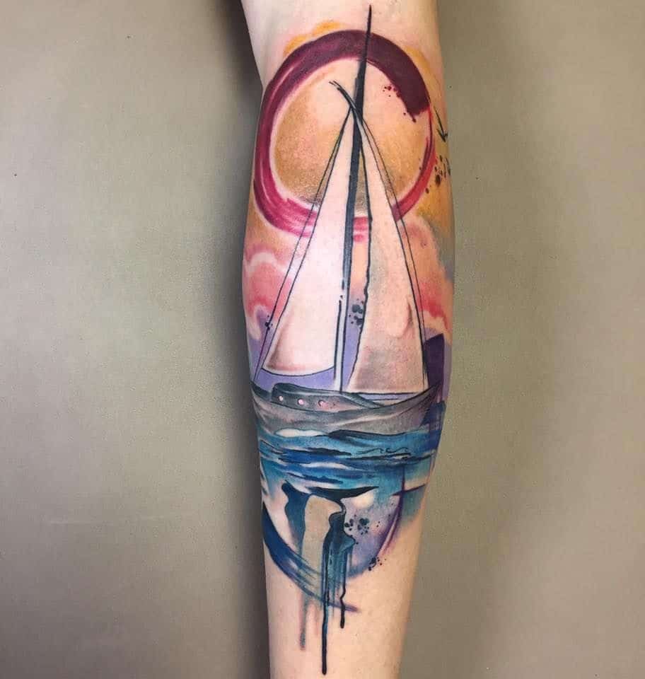 tatouage de bateau en aquarelle