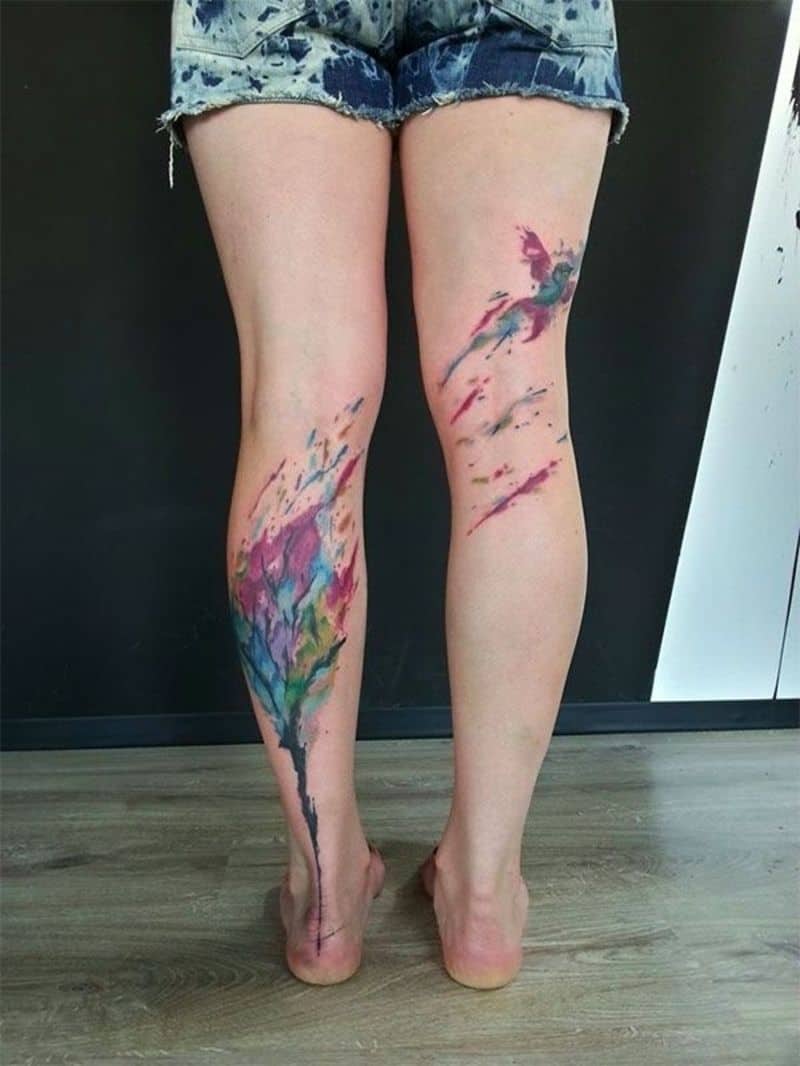 watercolor leg tattoo