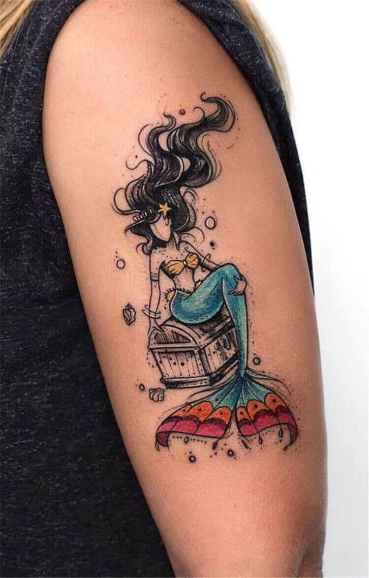 watercolor mermaid tattoo on arm