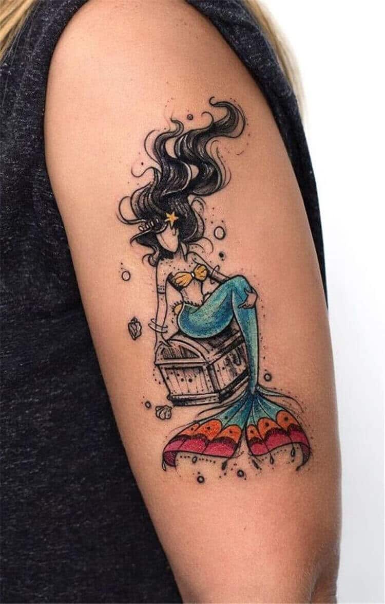 watercolor sereia tatuagem no braço