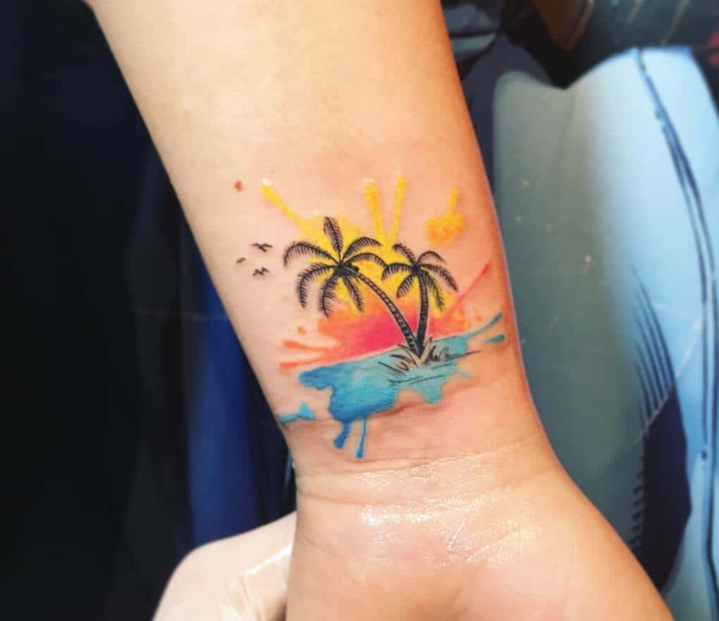 watercolor palm tree on wrist