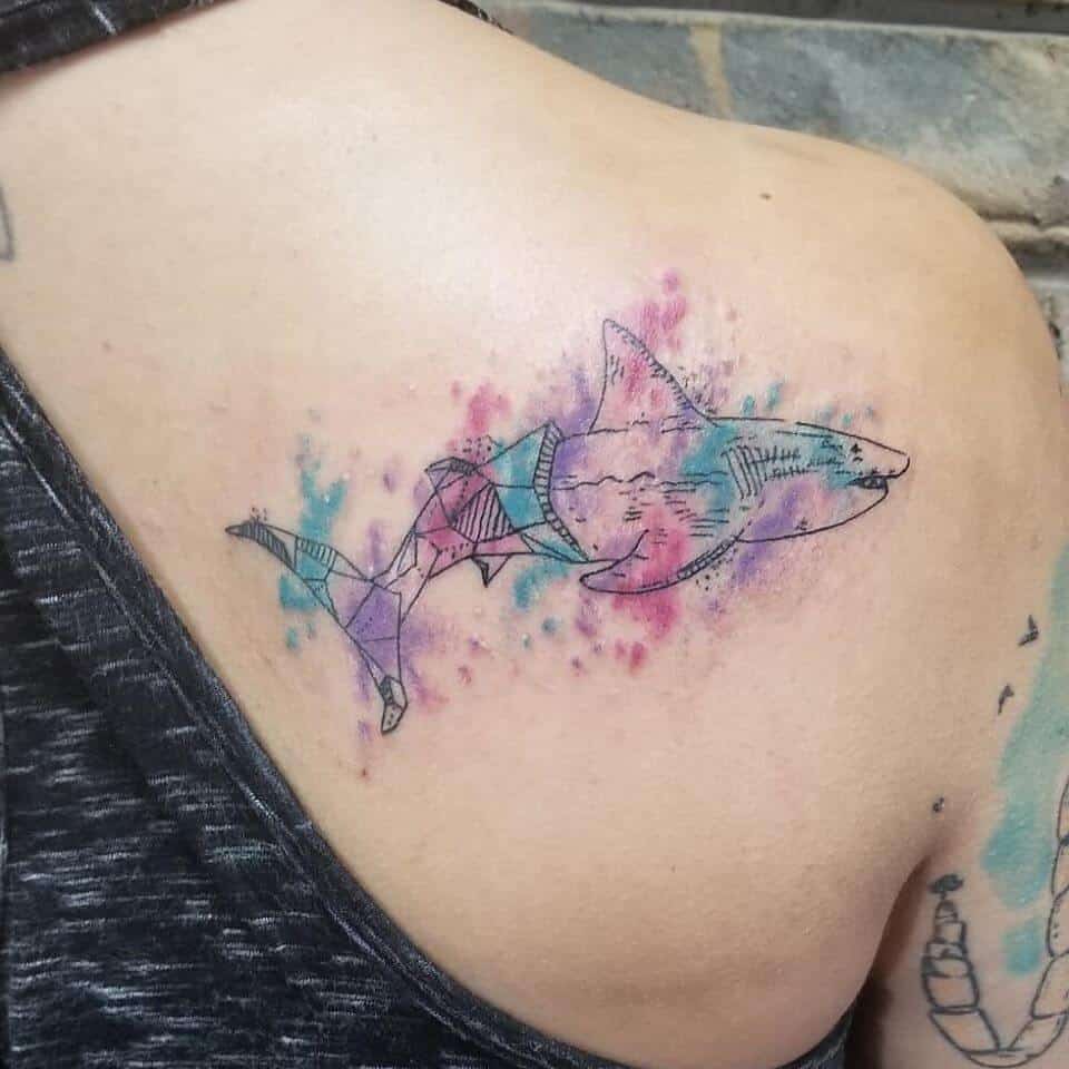 watercolor shark tattoo on back