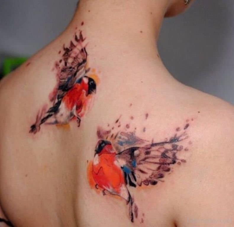 watercolor sparrow tattoo on back