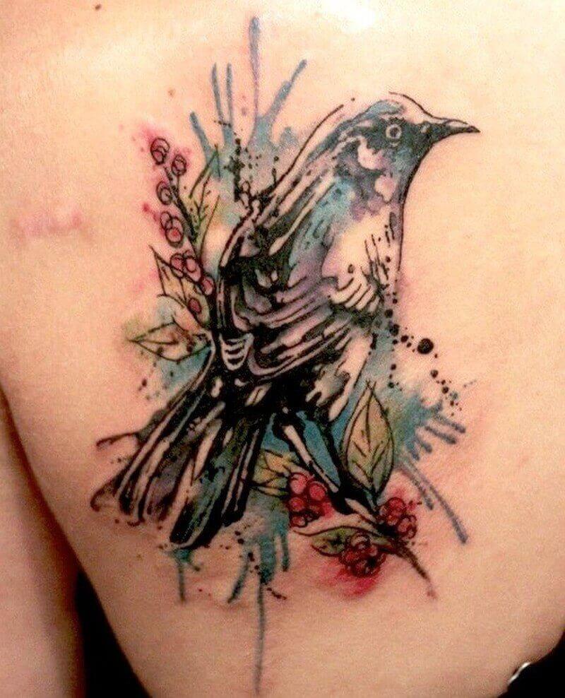 watercolor sparrow tattoo on back