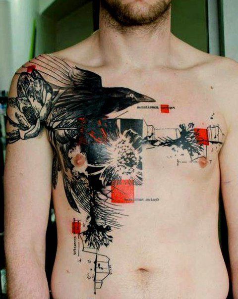 abstract crow raven tattoo on chest