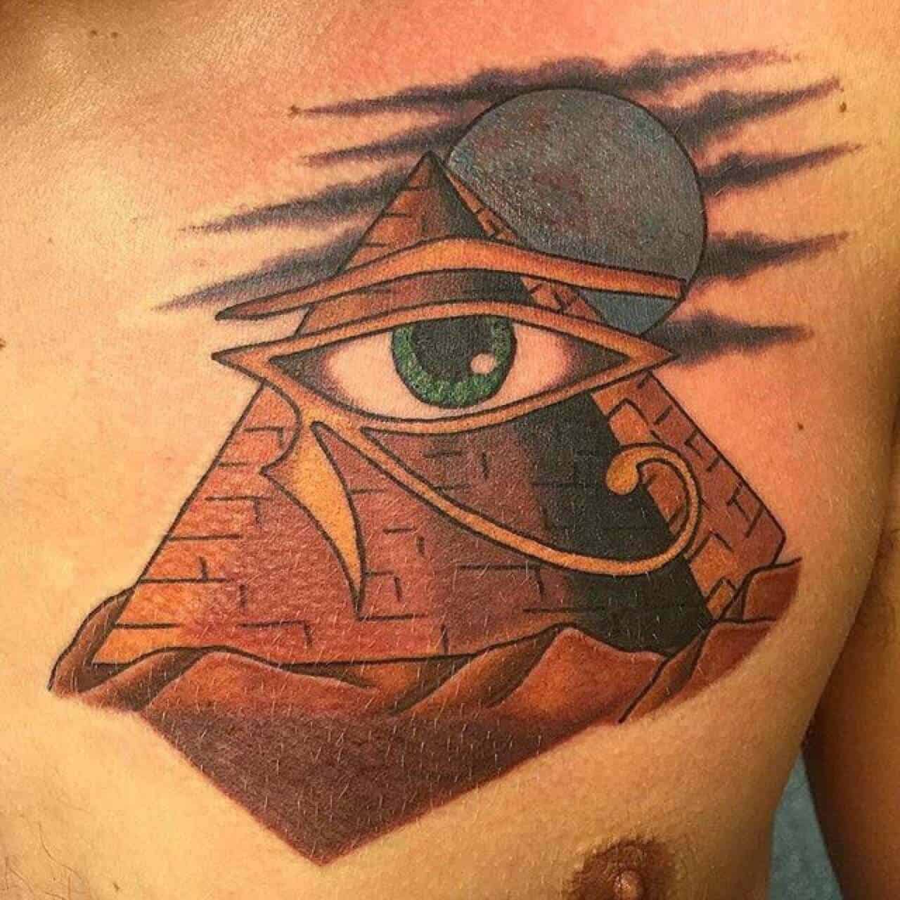 colored eye of horus tattoo on chest