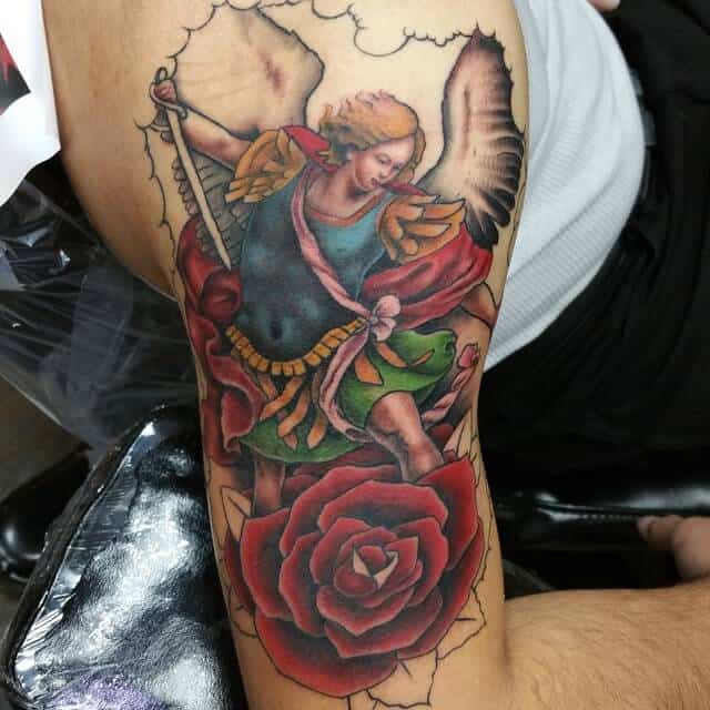colored saint michael tattoo on arm