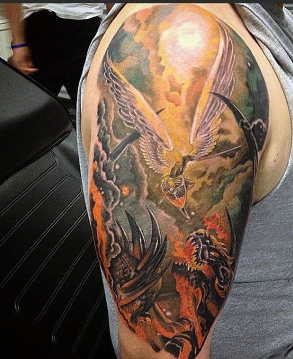 colored saint michael arm tattoo