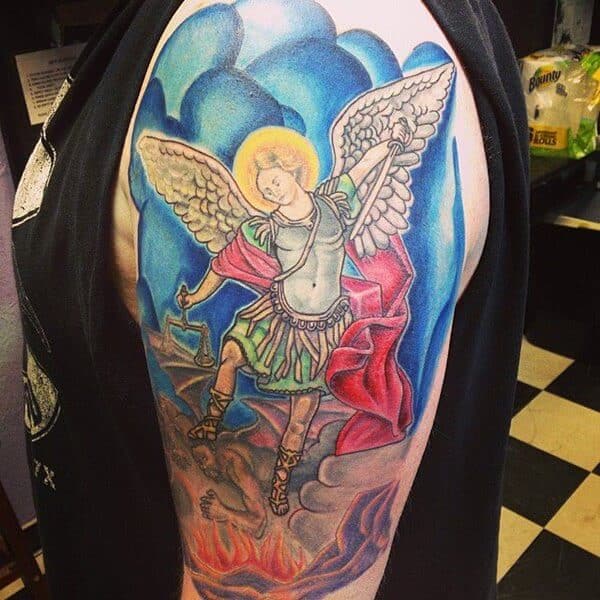 colored saint michael tattoo on arm