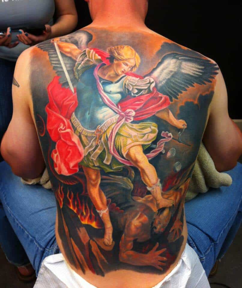 colored saint michael tattoo on back