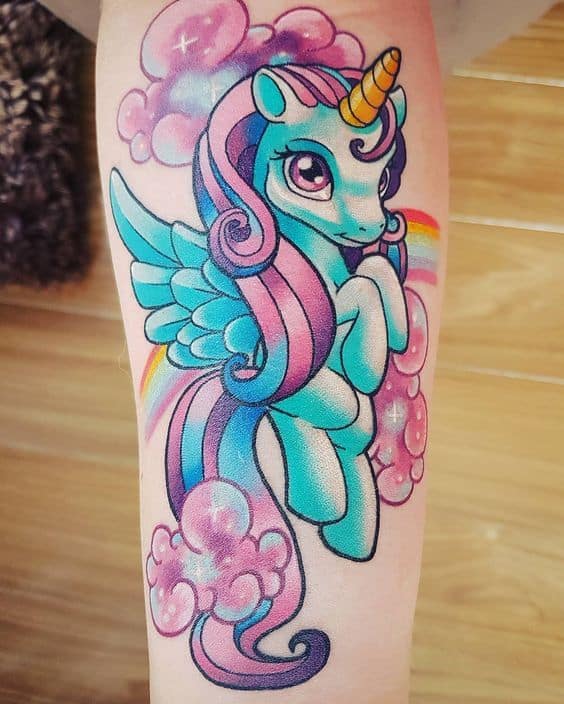 colorful unicorn tattoo on arm