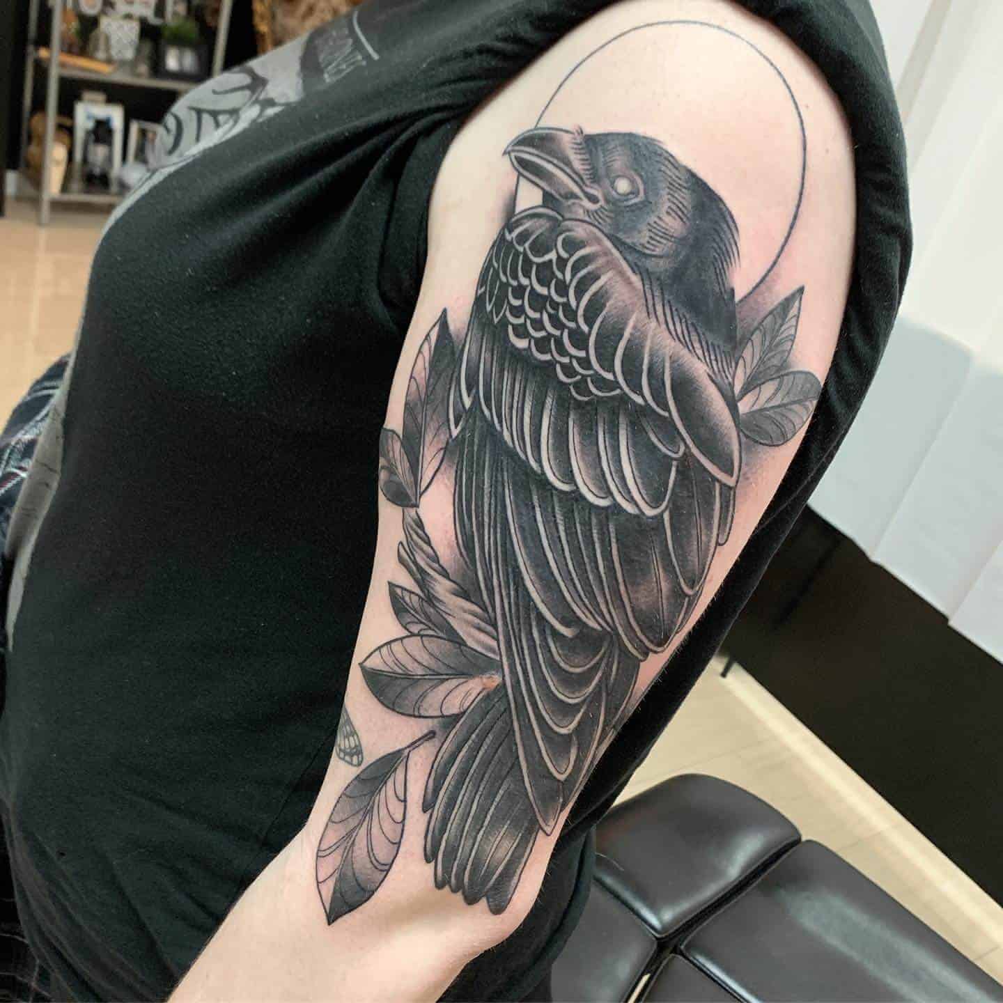 Dark Art Tattoo Sleeve with Crows, Raven, and Wolf