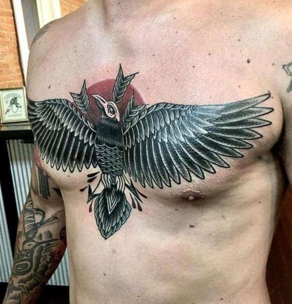 Keys And Crow Tattoo On Chest