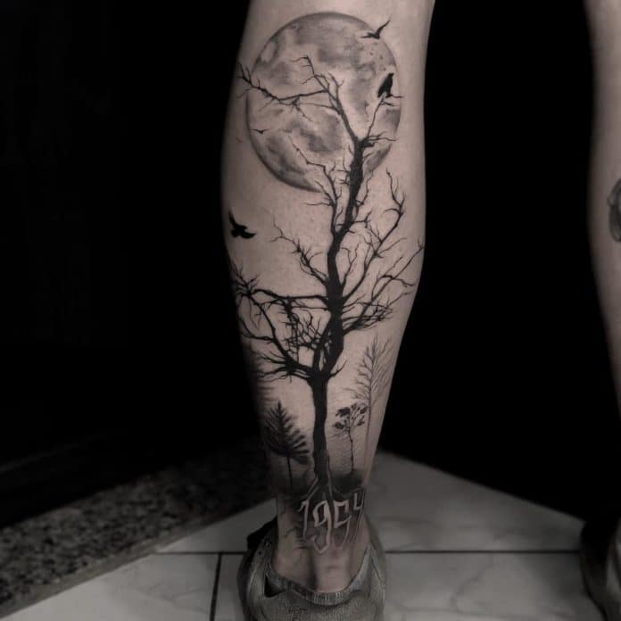 crow raven tattoo on leg