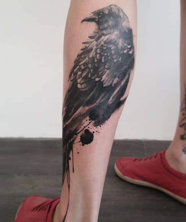 crow raven tattoo on leg