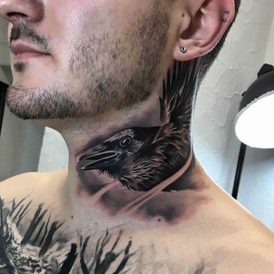 crow raven neck tattoo