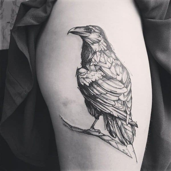 crow raven thigh tattoo