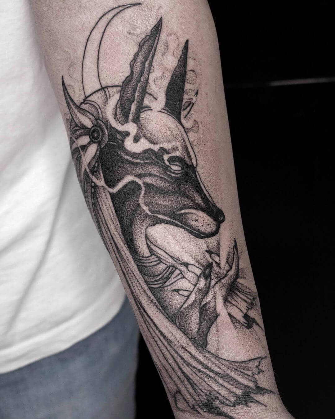 dotwork anubis tattoo