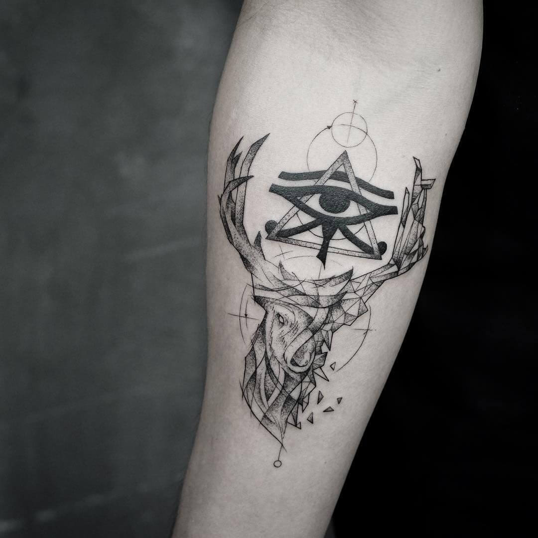 A black and gray tattoo of the eye of horus, include hieroglyphs a  minimalistic calla lily on Craiyon