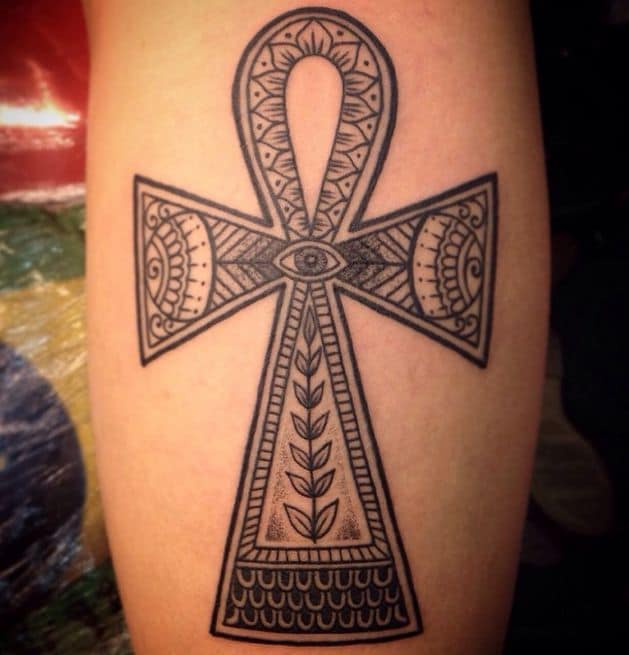 Grey Ink Ankh Egyptian Tattoo On Left Half Sleeve