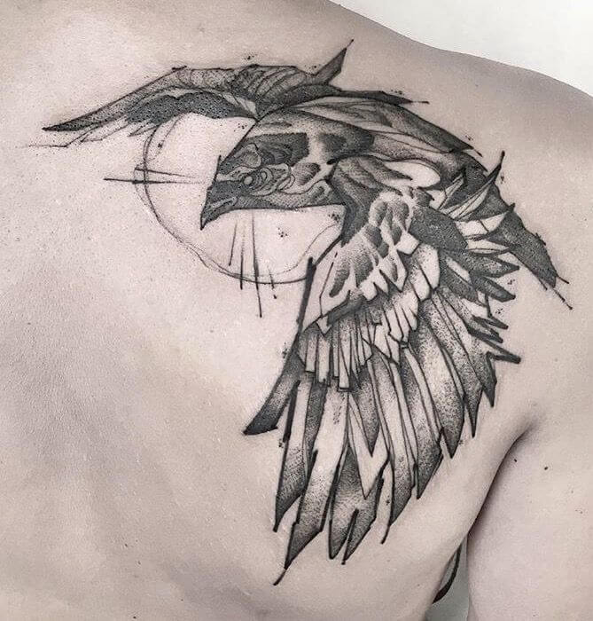 geometric crow raven tattoo on back
