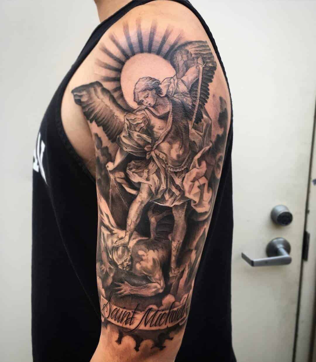 Phenomenal Archangel St Michael Tattoo On Half Sleeve For Men