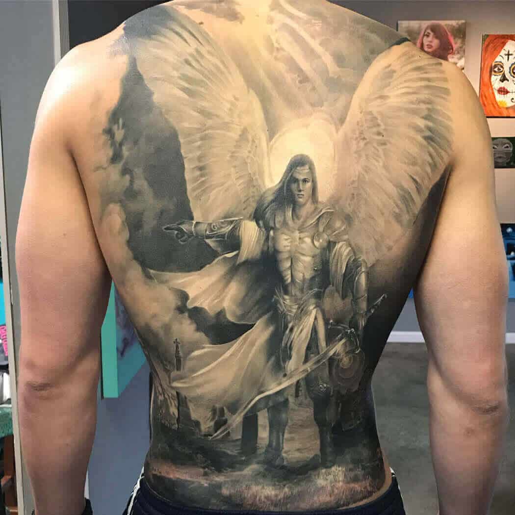 saint michael back tattoo