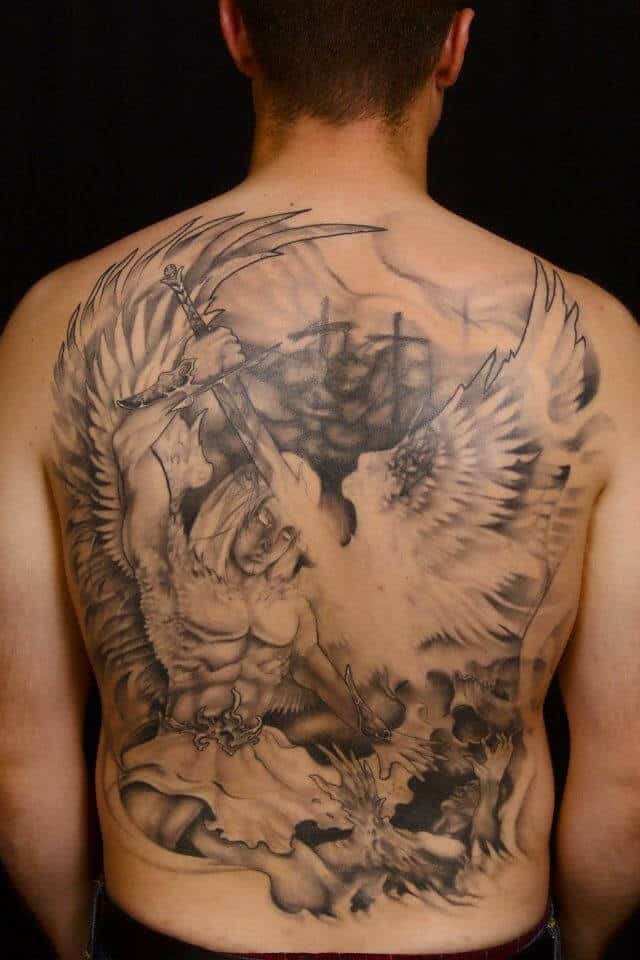 saint michael back tattoo