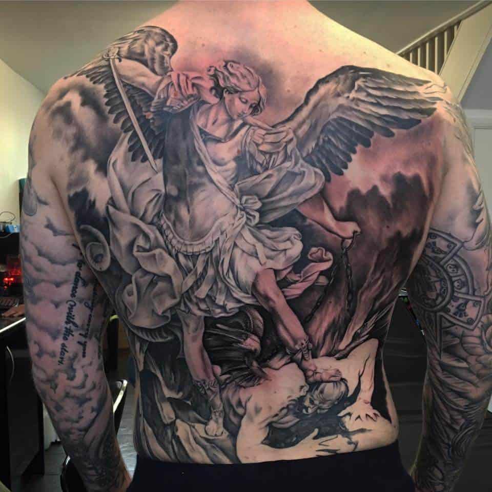 saint michael back tattoo