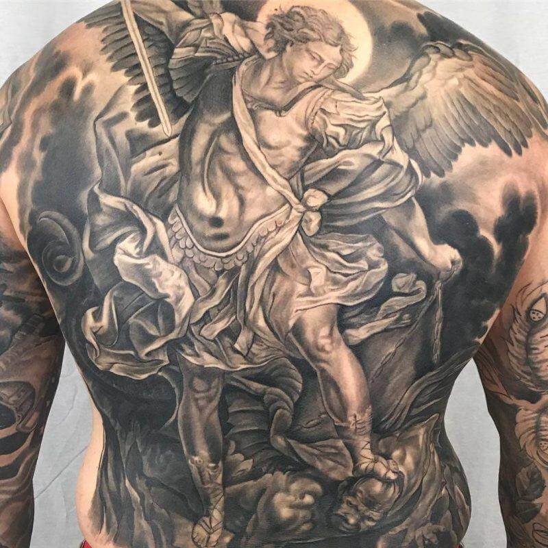 saint michael back tattoo