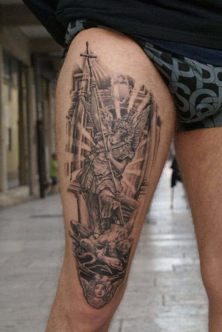 saint michael leg tattoo